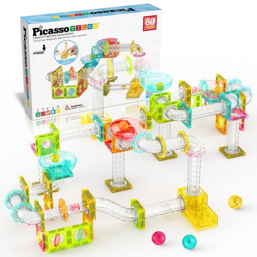 Picasso Tiles 80pcs Magnetic Marble Run Travel Size with Launcher