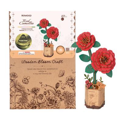 Robotime Rowood DIY Red Camellia 3D Wooden Flower Puzzle