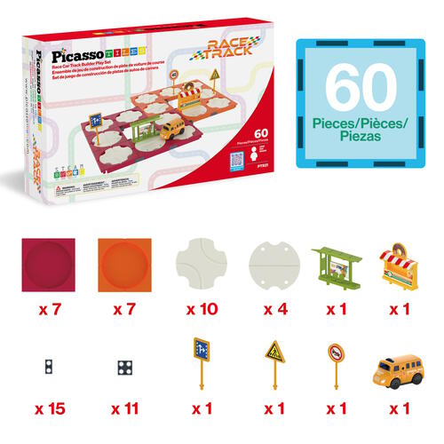 Picasso Tiles 60pcs Race Car Track Builder Playset with School Bus