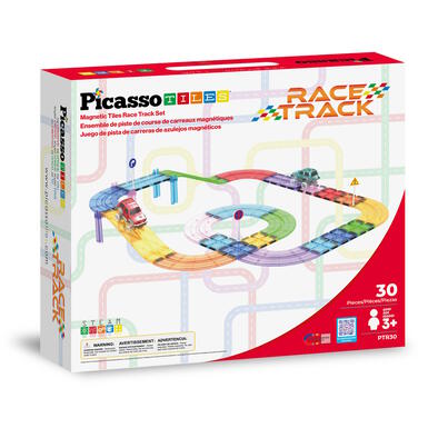Picasso Tiles 30pcs Magnetic Tiles Race Track Set with 2 Flashing LED Race Cars