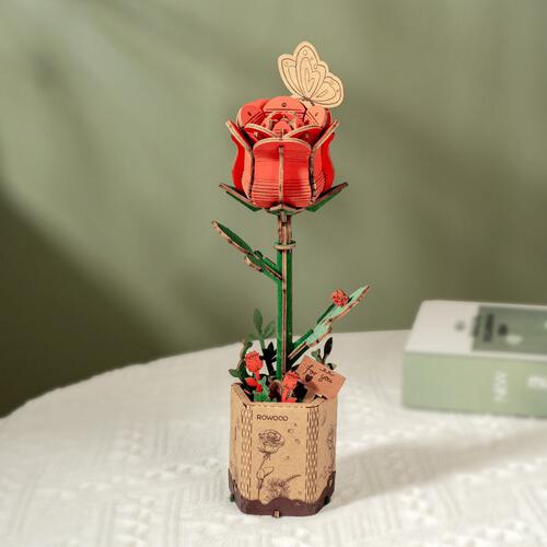 Robotime Rowood DIY Red Rose 3D Wooden Flower Puzzle