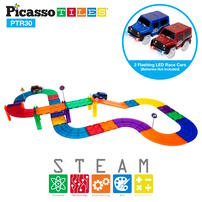Picasso Tiles 30pcs Magnetic Tiles Race Track Set with 2 Flashing LED Race Cars