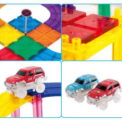 Picasso Tiles 30pcs Magnetic Tiles Race Track Set with 2 Flashing LED Race Cars