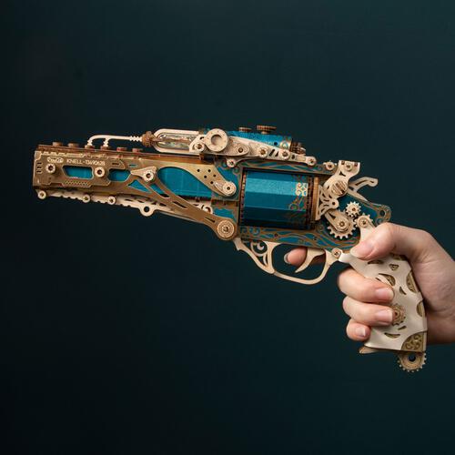 HowCat Steampunk Revolver Blue DIY 3D Wooden & Paper Puzzle