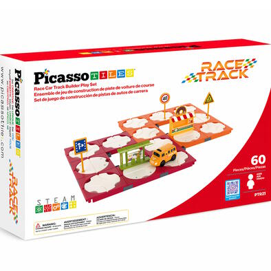 Picasso Tiles 60pcs Race Car Track Builder Playset with School Bus