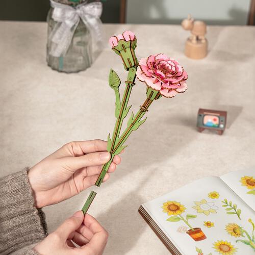 Robotime Rowood DIY Pink Carnation 3D Wooden Flower Puzzle