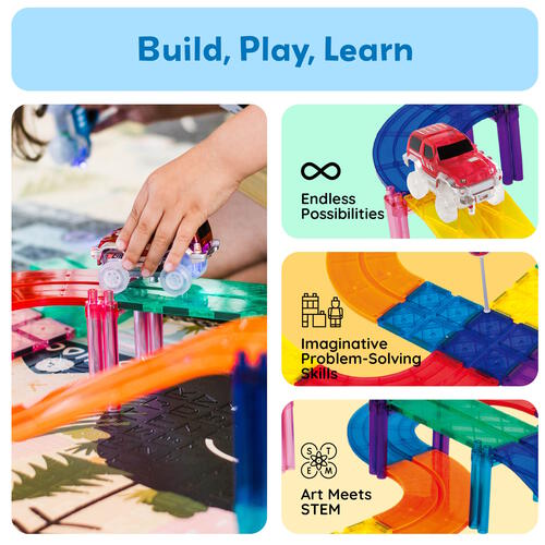 Picasso Tiles 30pcs Magnetic Tiles Race Track Set with 2 Flashing LED Race Cars