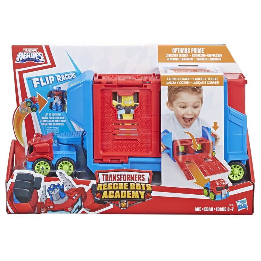 playskool heroes transformers rescue bots optimus prime racing trailer