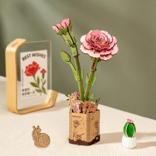 Robotime Rowood DIY Pink Carnation 3D Wooden Flower Puzzle