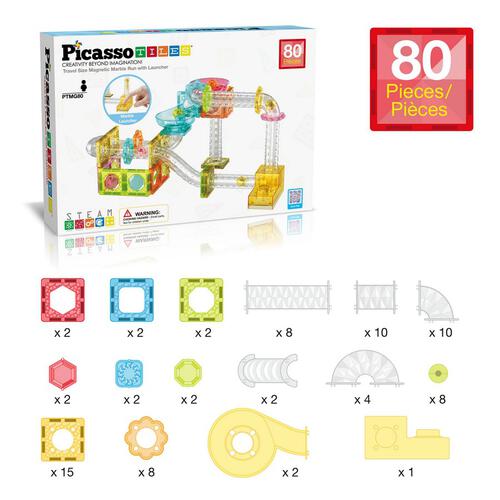 Picasso Tiles 80pcs Magnetic Marble Run Travel Size with Launcher