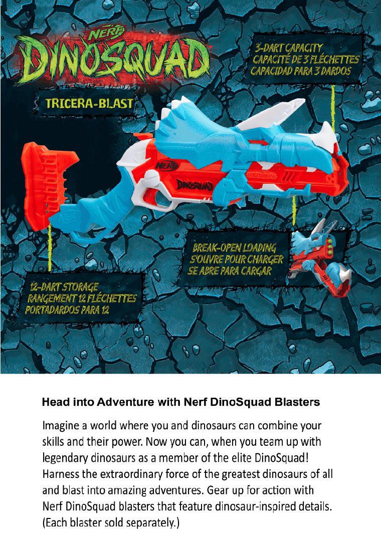 Nerf DinoSquad Tricera-blast Blaster, Break-Open 3-Dart Loading, 12 Nerf  Darts, Dart Storage, Triceratops Dinosaur Design - Nerf
